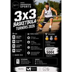 DIENVIDKURZEMES 3x3 BASKETBOLA TURNĪRS 2026 pulcēs basketbola entuziastus četros vasaras vakaros