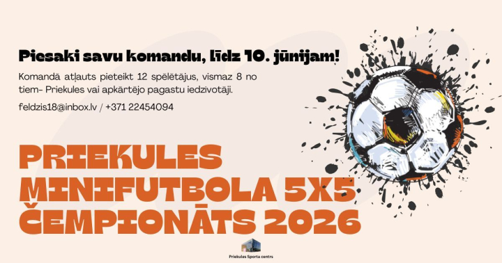 Aicina pieteikties “Priekules minifutbola 5x5 čempionātam 2026”