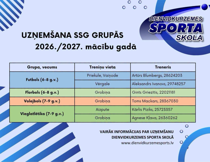 Dienvidkurzemes Sporta skola uzņem jaunos audzēkņus