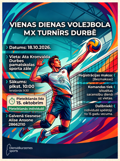Durbē notiks vienas dienas volejbola MIX turnīrs